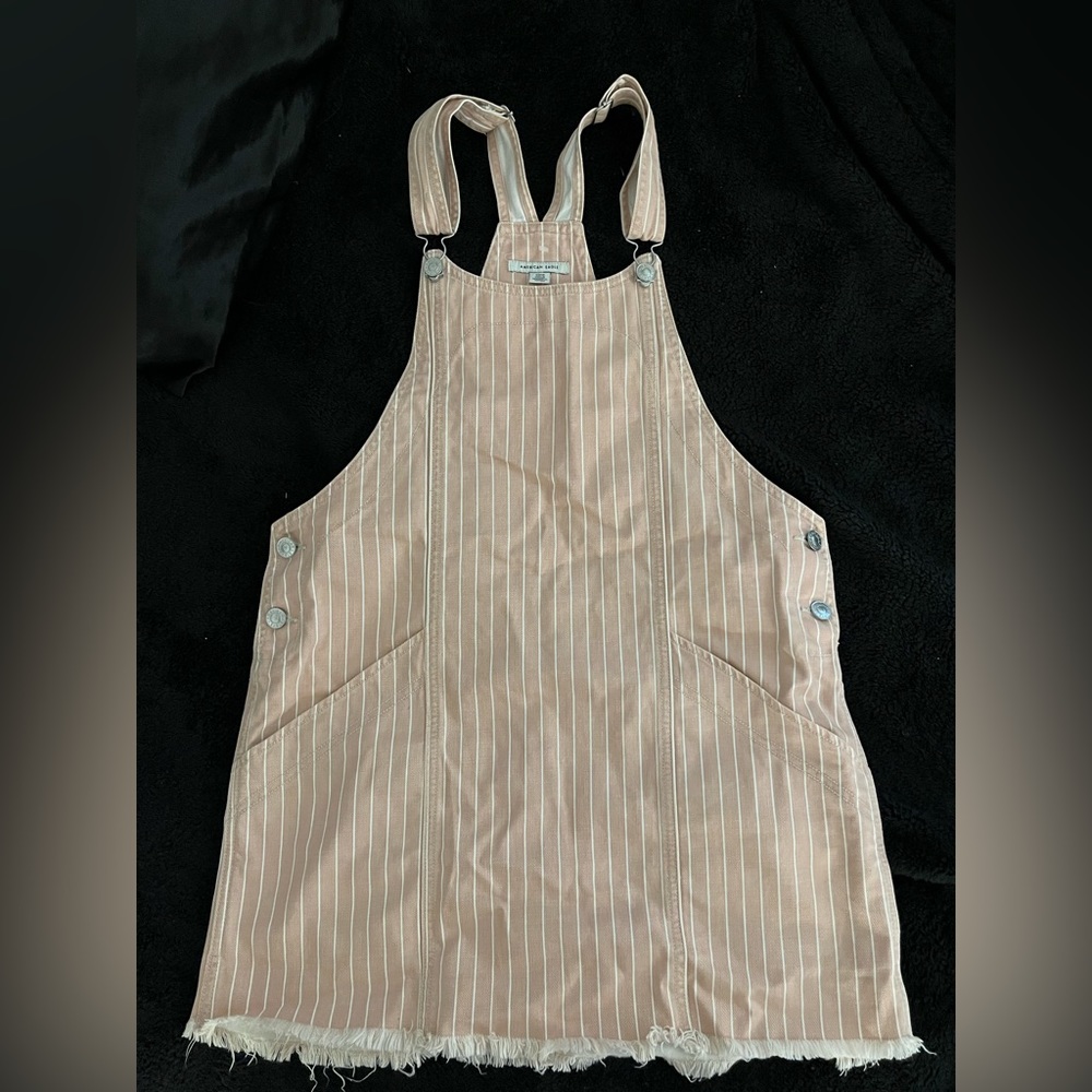 Pink and White Striped Denim Overall Dress